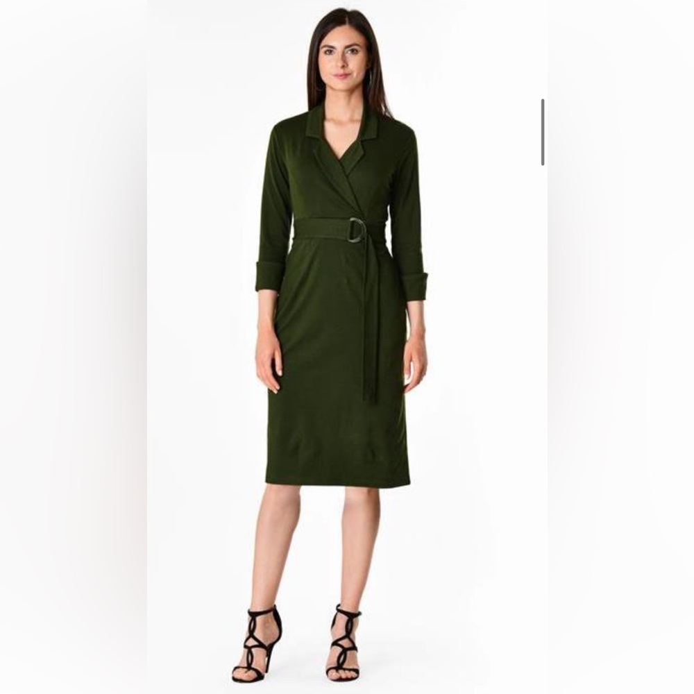 eshakti Faux Wrap Dress with Notched Collar and Cuffed Sleeves